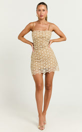 Ivy Mini Dress - Strappy Straight Neck Lace Detail Dress in Natural